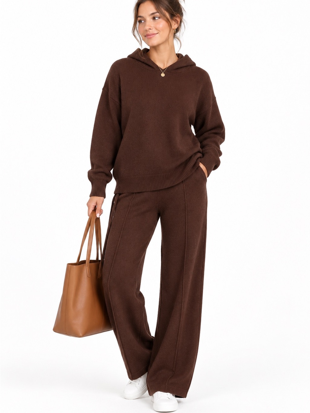 Cozy Brown Wide-Leg Knit Pants - Casual Pull-On Style